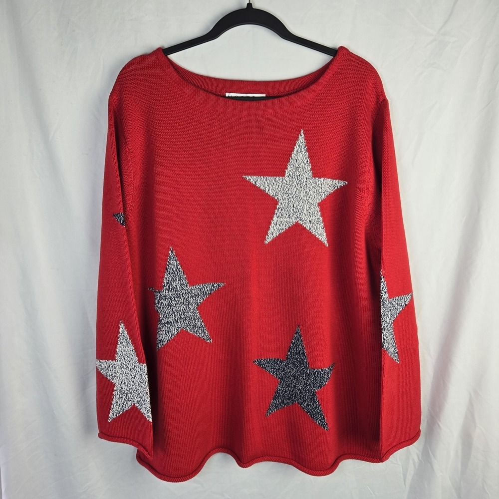 Vintage Norton Studio Sweater Womens XL Star Red Boatneck Roll Cuff Patriotic